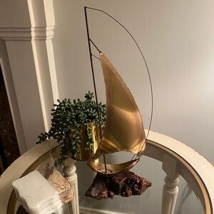 Vintage Mid Century Modern Brass Sailboat,  Burl Wood Mount Artist Made